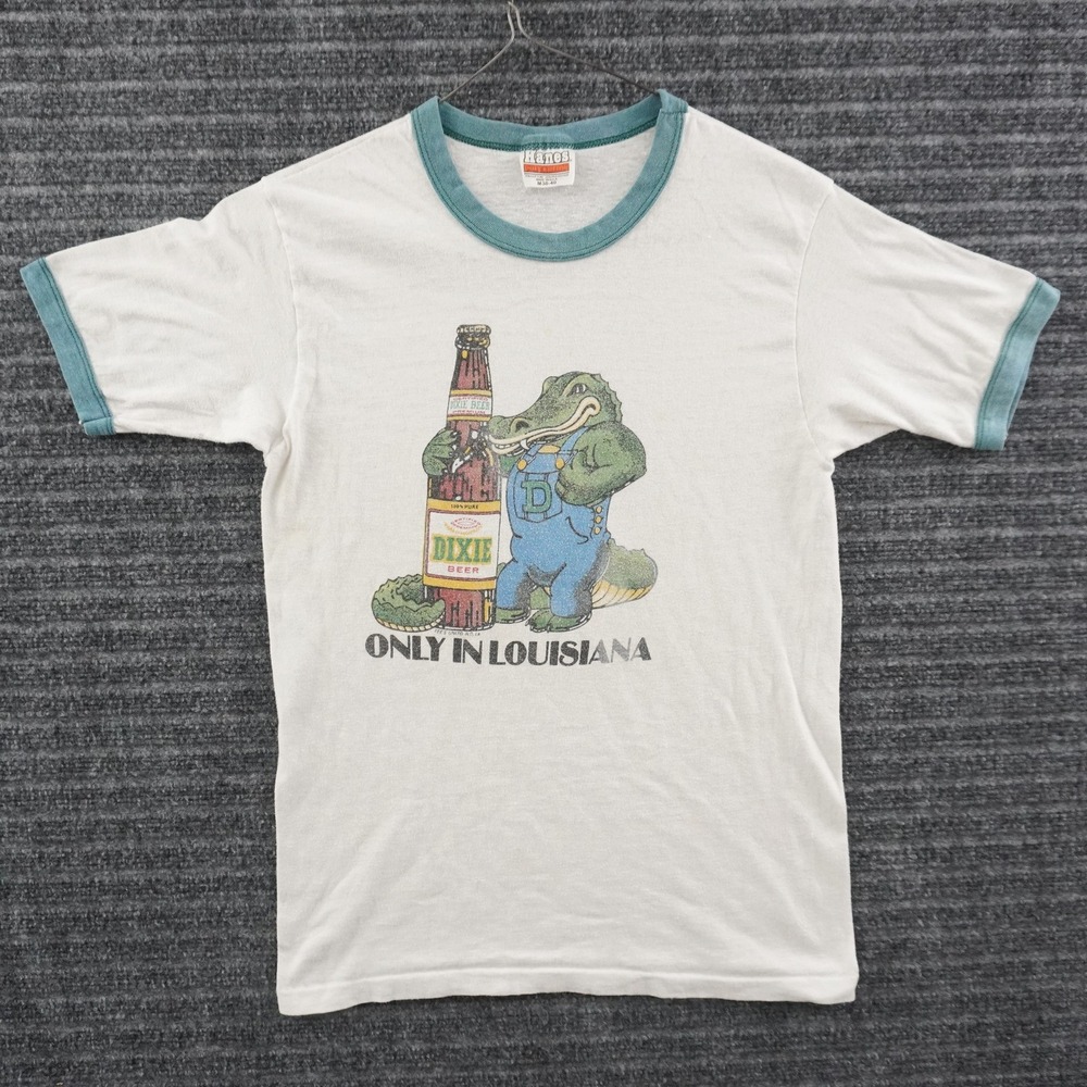 Vintage 80s Paper Thin Dixie Beer Ringer T-Shirt M White Louisiana Alligator